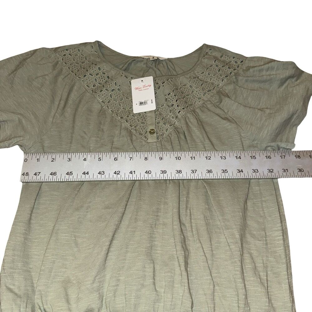 NWT Lucky Brand Top Medium Blouse Green Cotton Lace Short Sleeve Peasant Boho - Picture 10 of 14